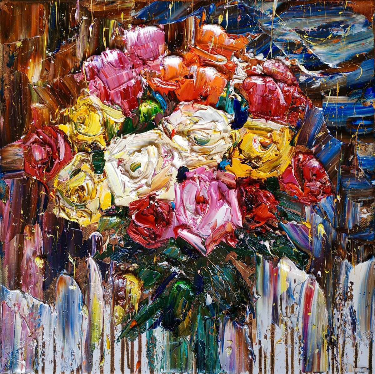 Roses, impasto oil painting, 40x40cm, ready to h | Artfinder