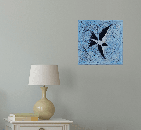 Abstract Bird Against the Sky Pollock Inspired + Palette Knife Painting on Canvas - 14 "X 14" X 0.5"