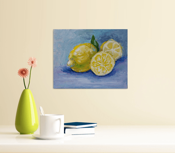 Lemon Painting Original Art Fruit Still Life Citrus Artwork Small Kitchen Wall Art