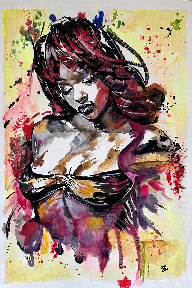 Expressive Portrait Acrylic Painting By Misty Lady - M. Nierobisz, 13 X 19", Colorful Serenade, Original Artwork