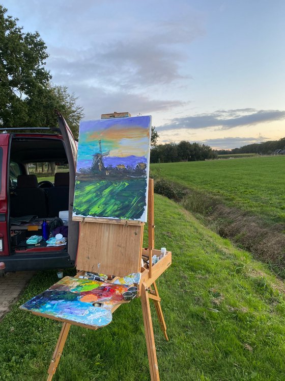 Windmill at sunset. Plein Air