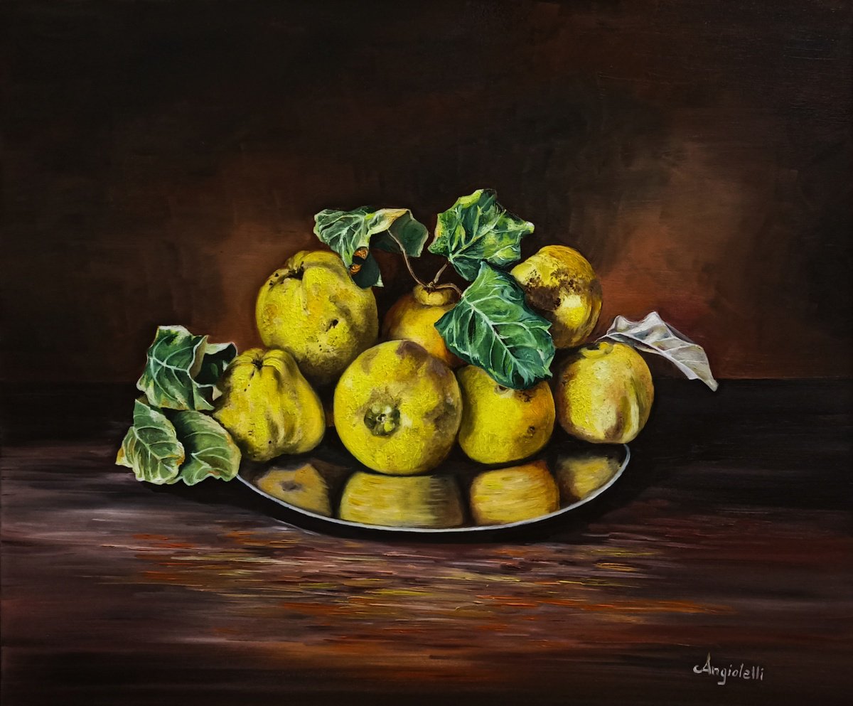 Photorealistic Still Life Oil Painting By Anna Rita Angiolelli, 24 X 20, Still Life With Quinces, Original Artwork