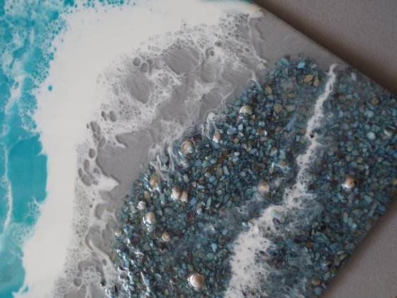 Turquoise waves - original seascape resin artwork with real blue shell