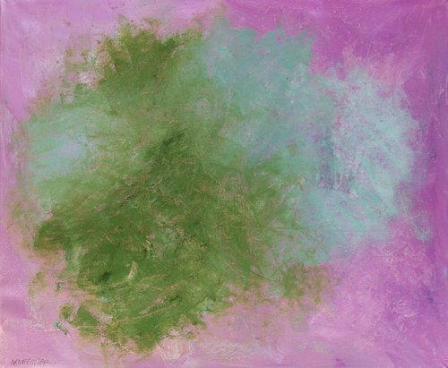 The green cloud - Surrealistic Abstract nature - Oil painting in mauve, pink, green by Fabienne Monestier