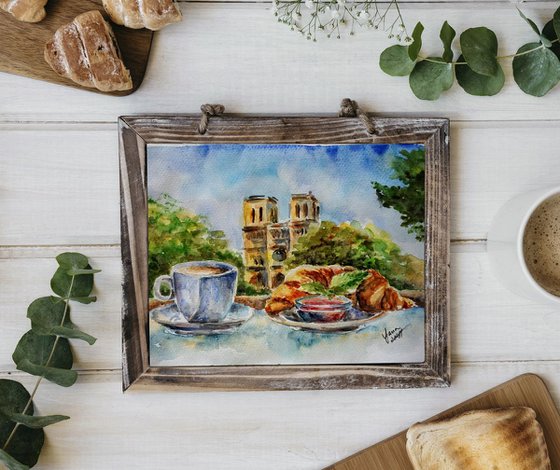 French Breakfast ORIGINAL Watercolor Painting - Food Art - Croissants Desserts Coffee Artwork - Wall Art