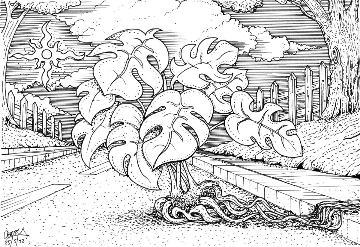 Surrealistic Botanical Drawing By Spencer John Derry, 12 X 8", Heavy Plant Crossing, Original Artwork