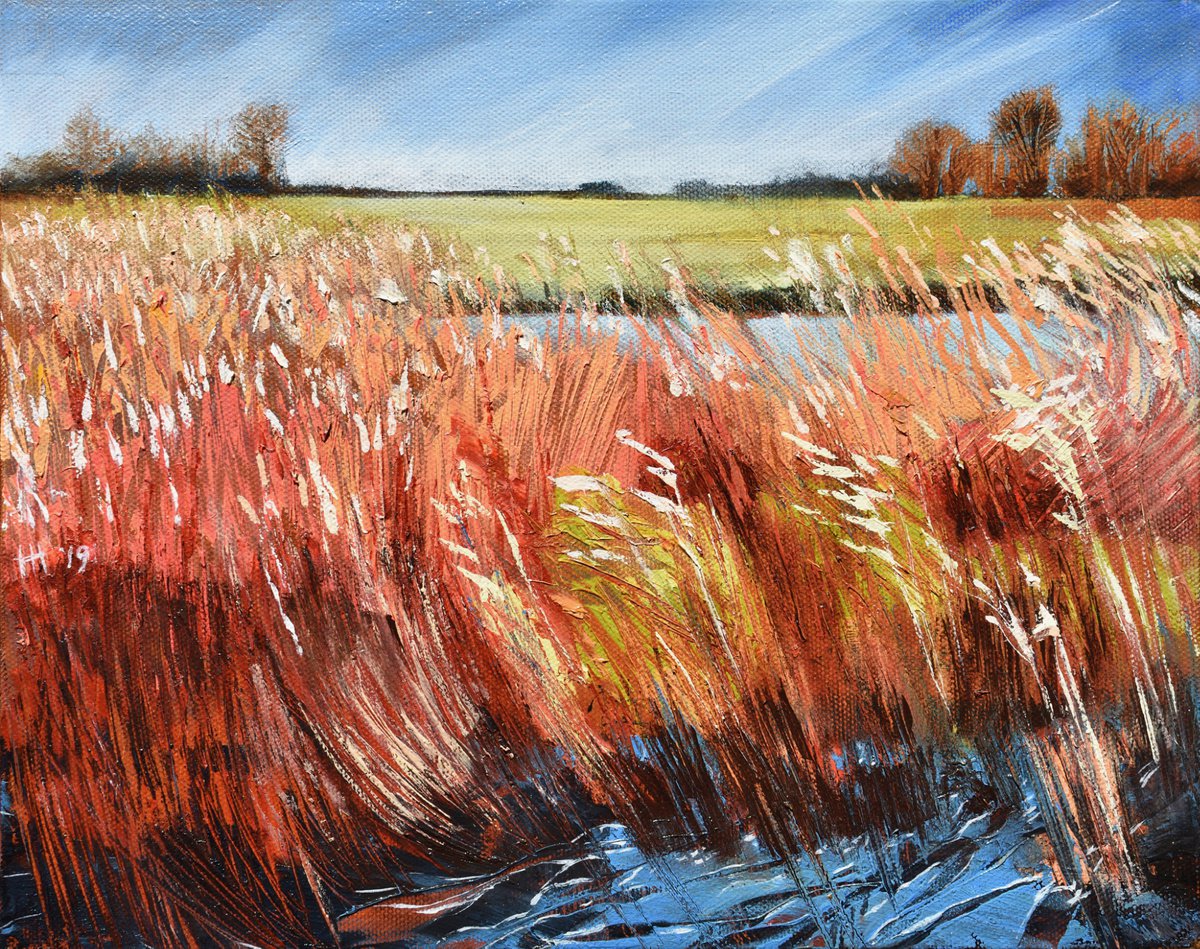 Impressionistic Landscape Oil Painting By Hilde Hoekstra, 13 X 11, Swaying Reeds, Original Artwork