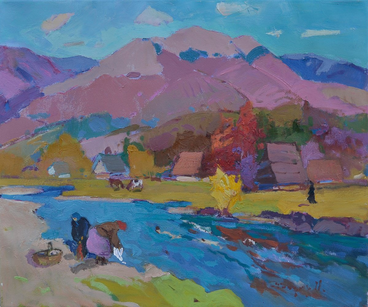 Impressionistic Landscape Oil Painting By Alexander Shandor, 28 X 24, Verkhovyna Weekdays, Original Artwork