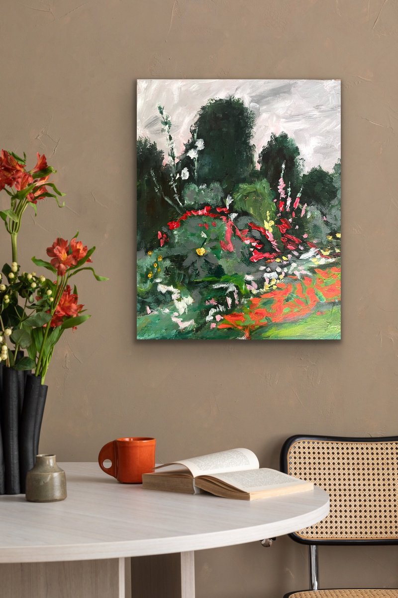 Impressionistic Botanical Oil Painting By Pooja Verma, 16 X 20", Corner Of A Garden - Sargent, Original Artwork