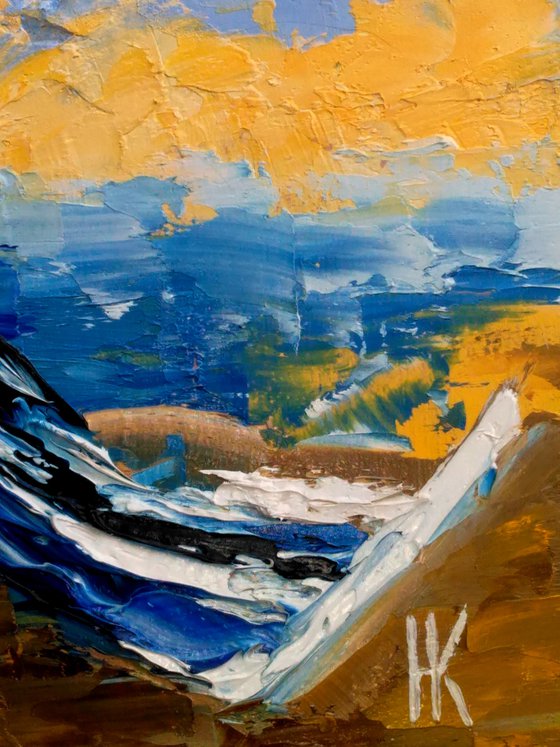 Row Boat Painting Nautical Original Art Maritime Oil Artwork Seascape Impasto Palette Knife Home Wall Art 16 by 12" by Halyna Kirichenko