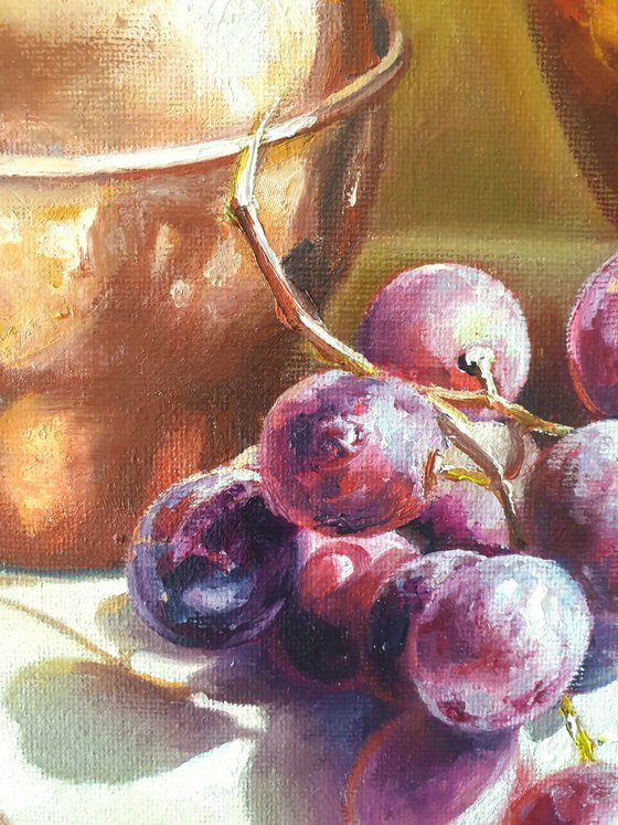 "Still life with grapes and an old exquisite  copper-brass utensil." still life grapes old brass jug summer  liGHt original painting  GIFT (2021)