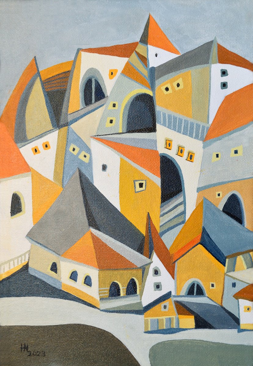 Geometric Cityscapes Oil Painting By Aniko Hencz, 8 X 12, The Non-Existent City, Original Artwork