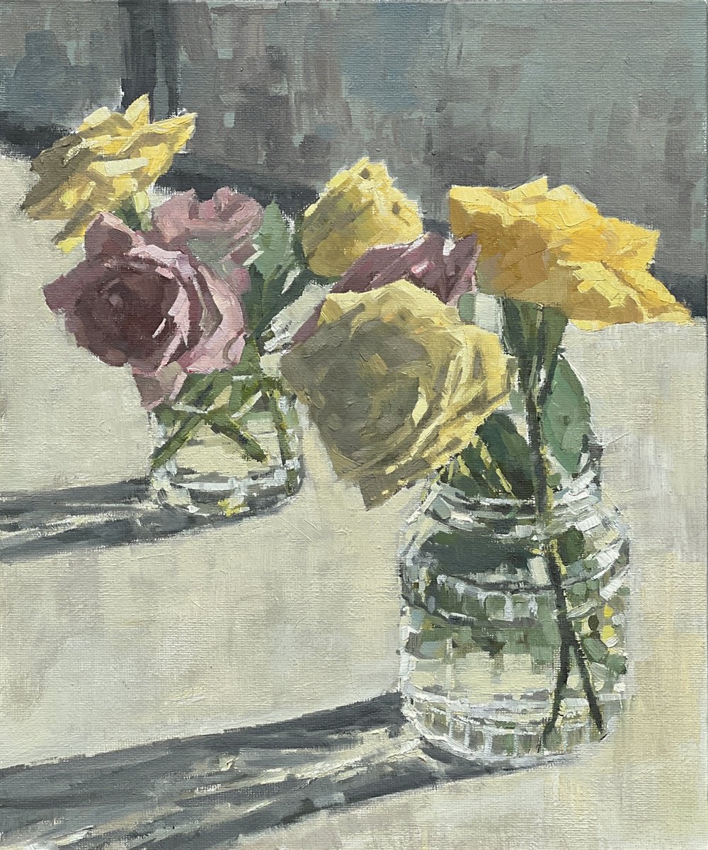 Impressionistic Botanical Oil Painting By Louise Gillard, 10 X 12", Roses In Jam Jars, Original Artwork