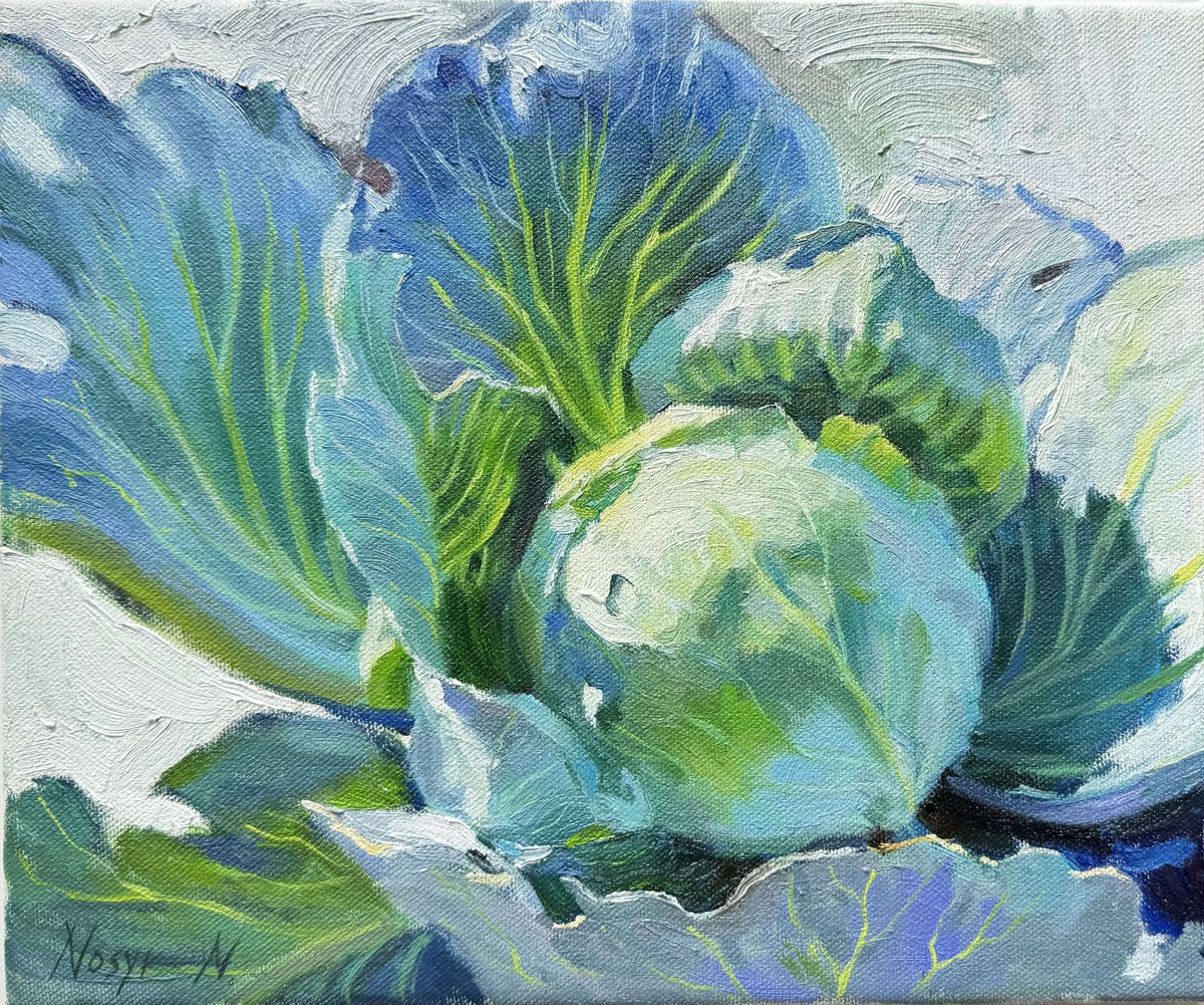 Impressionistic Botanical Oil Painting By Nataliia Nosyk, 12 X 10", The Cabbage #2, Original Artwork