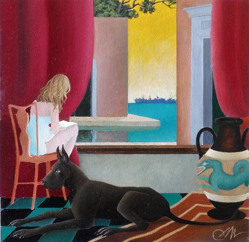 Interior with reader and dog by Cecco Mariniello