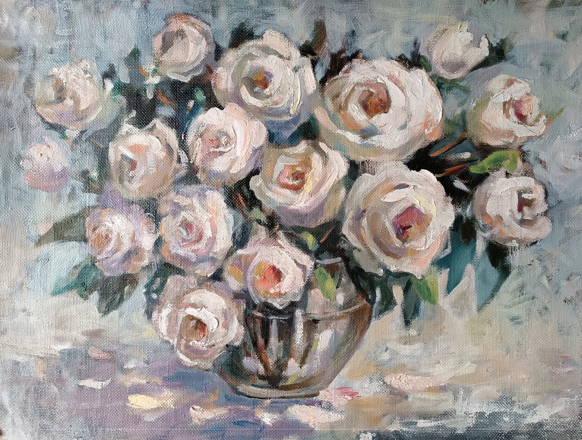 Expressive Botanical Oil Painting By Olga Lomax, 24 X 17", White Roses On White, Original Artwork