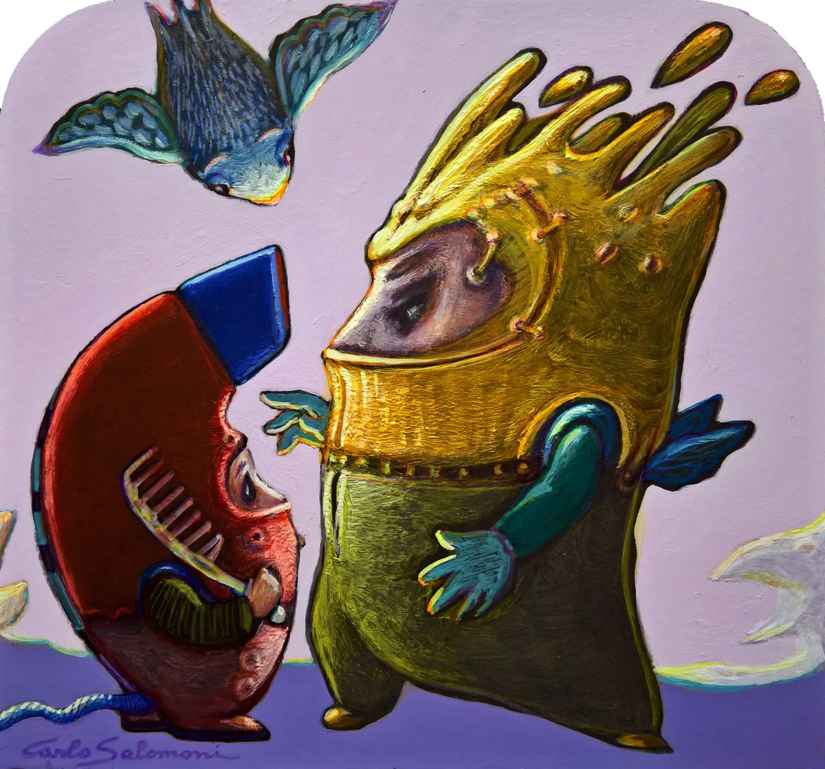 Urban And Pop Portrait Painting By Carlo Salomoni, 11 X 11, A Caress In The Hair, Original Artwork