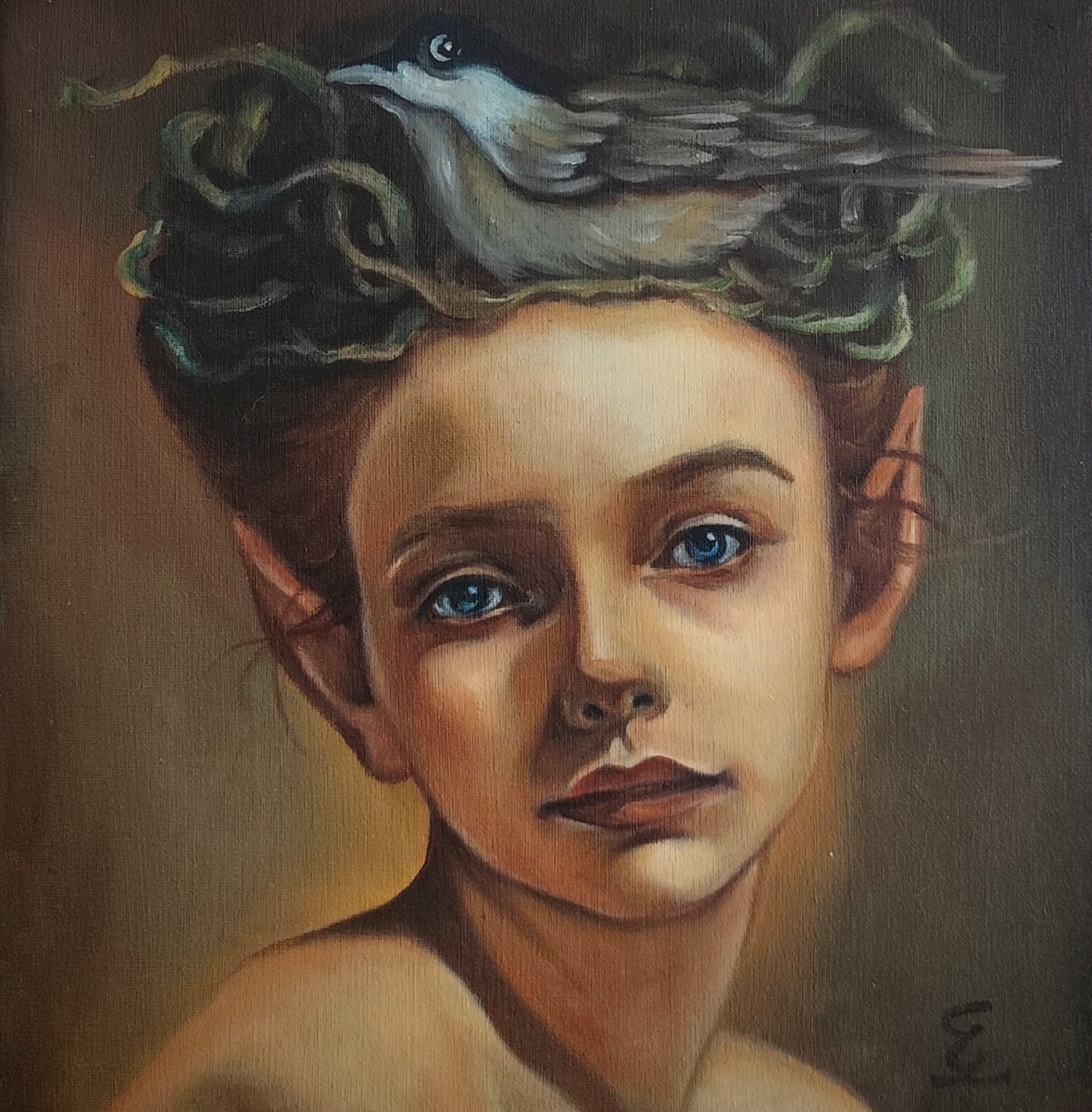 Surrealistic Portrait Oil Painting By Veronica Ciccarese, 8 X 8", The Titmouse And The Elf, Original Artwork