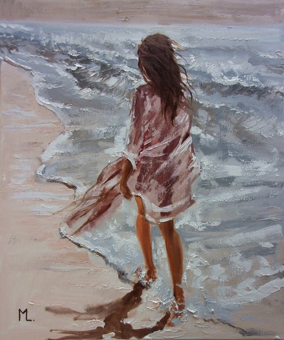 " SUMMER WALK ... " SUN SKY SEA SAND liGHt  ORIGINAL OIL PAINTING, GIFT, PALETTE KNIFE