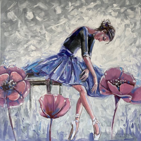 ''She is like a flower''. Ballerina oil painting. Flowers. Portrait.