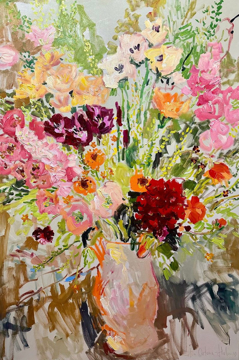 Expressive Botanical Oil Painting By Lilia Orlova-Holmes, 39 X 59", Summer Bliss. Jug Of Flowers., Original Artwork