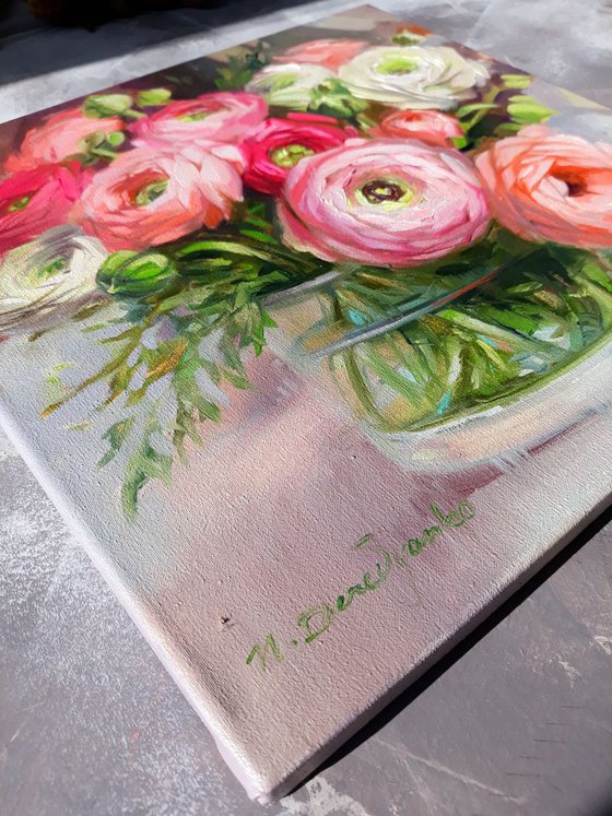 Ranunculus flowers oil painting on canvas, floral painting