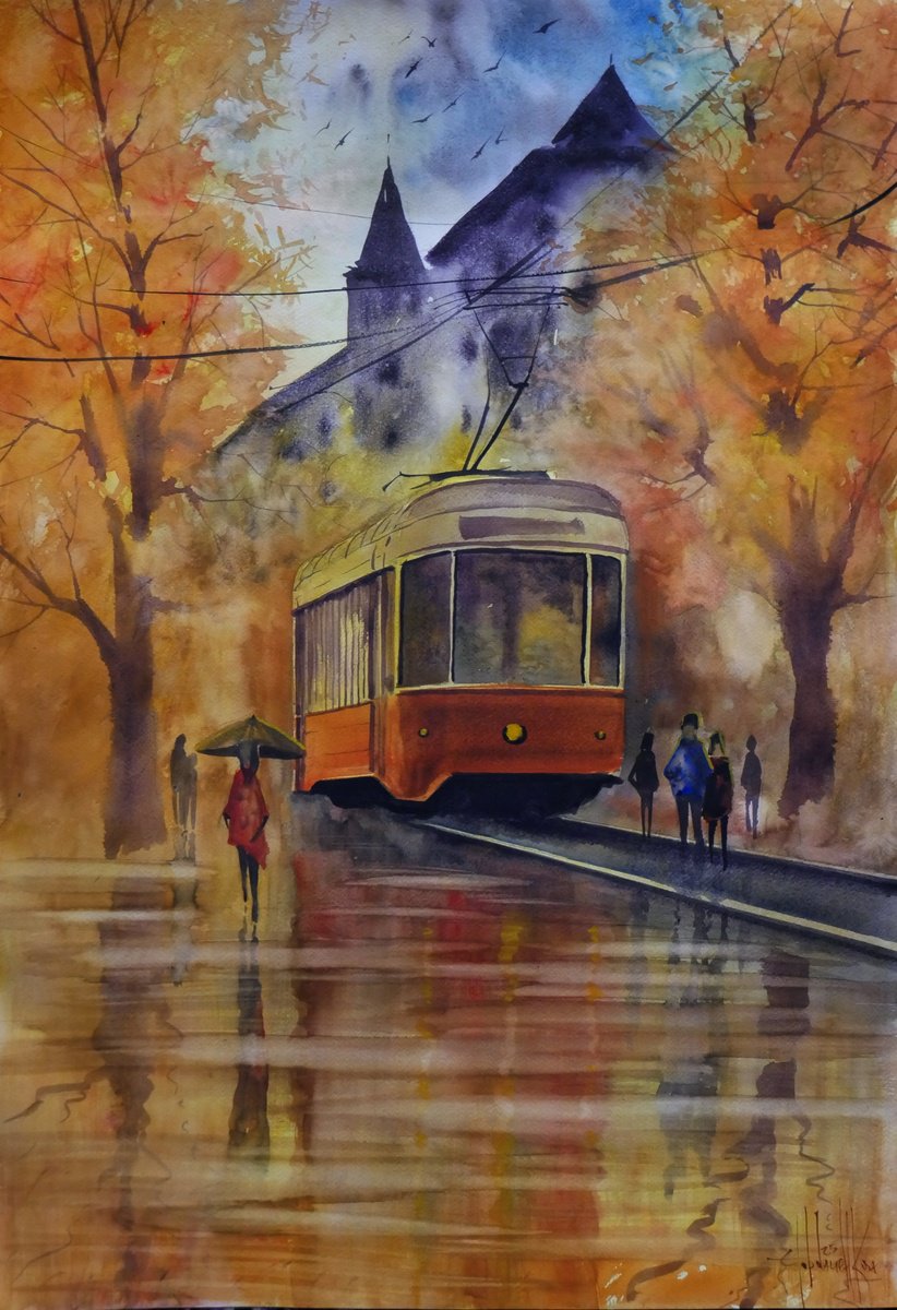 Impressionistic Watercolour , Autumn Tram By Eugene Gorbachenko, 20 X 30, Artwork For Sale On Artfinder