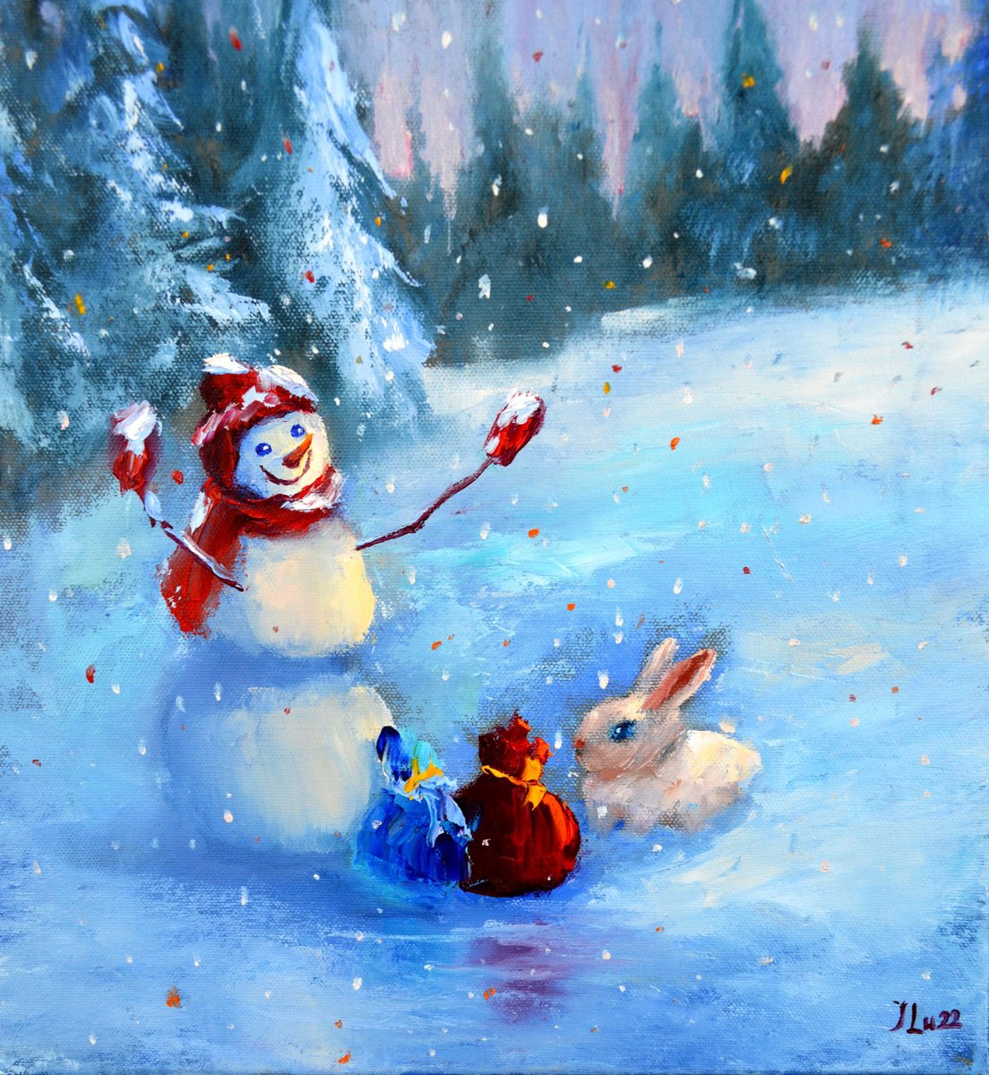 Impressionistic Landscape Oil Painting By Elena Lukina, 12 X 12, The Snowman And The Rabbit Are Handing Out Gifts To Everyone, Artfinder