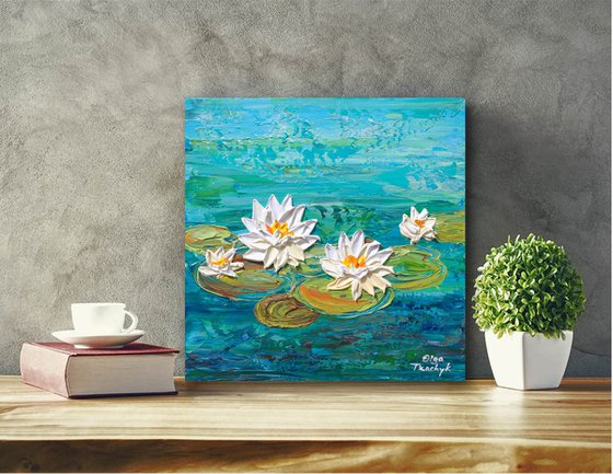 Water Lily Lake - Impasto Floral Art, Palette Knife Painting