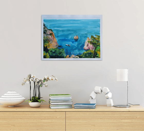 Greece seascape big original watercolor painting, coastal home decor