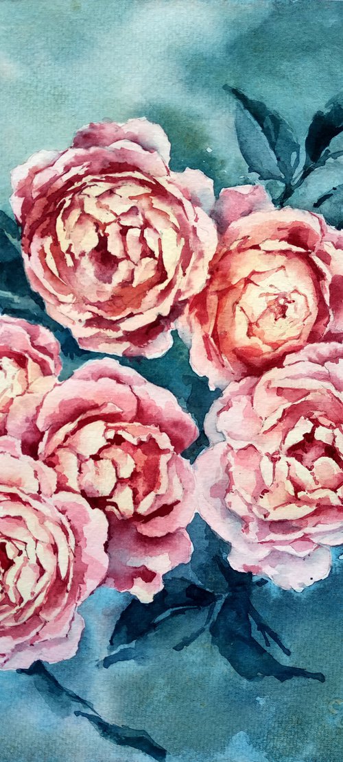 Abstract watercolor painting "Pink roses" square format by Ksenia Selianko