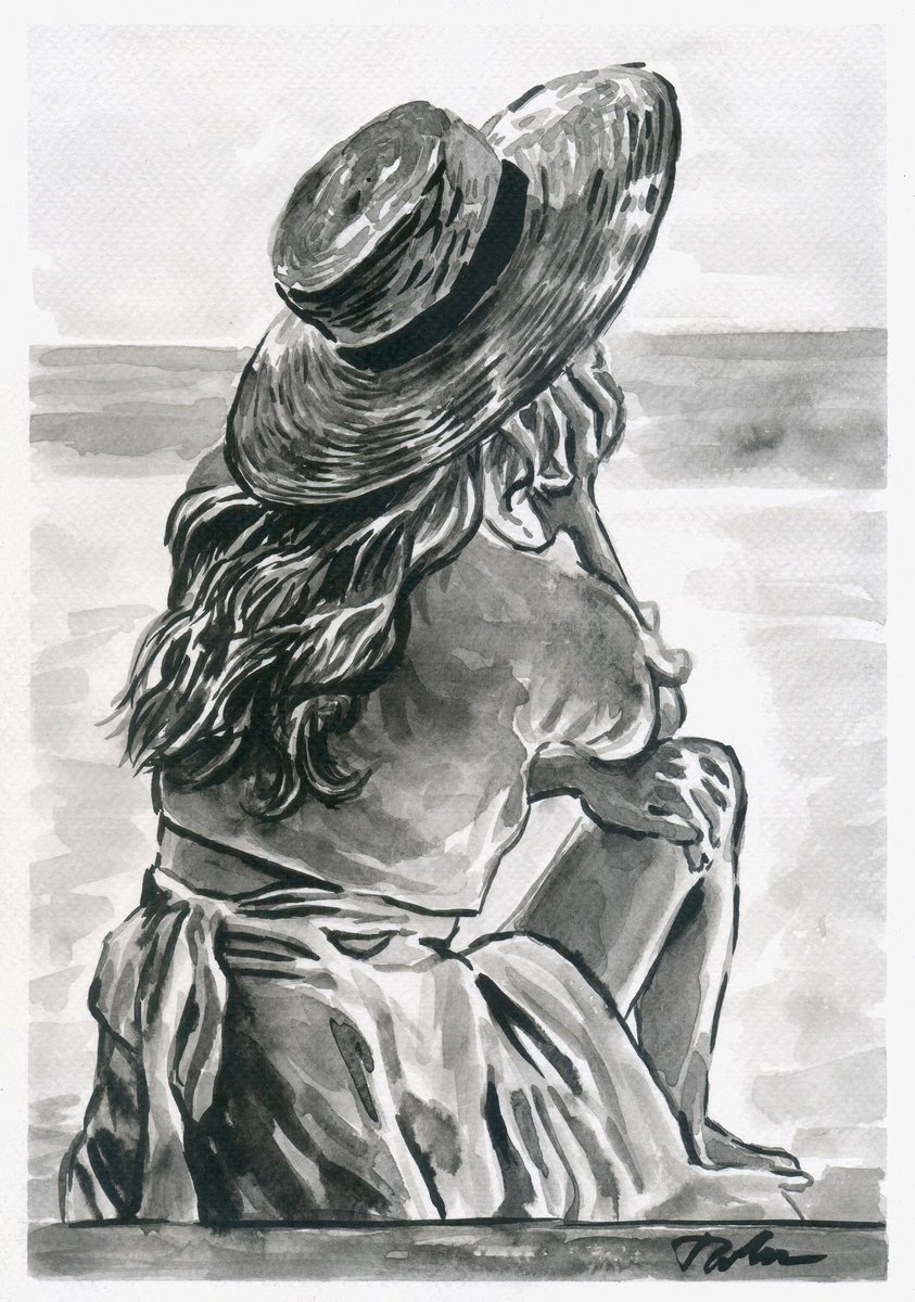 Urban And Pop Portrait Ink Drawing By Tashe, 8 X 12", Dreaming, Original Artwork