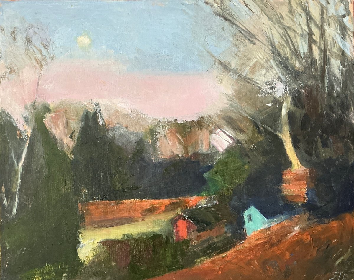 Impressionistic Landscape Oil Painting By Sandra Haney, 20 X 16", Morning Moon 2, Original Artwork
