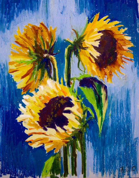 Still life with sunflowers. Home isolation series. Oil pastel painting. Small interior decor travel gift spain shadow original impression flowers still life