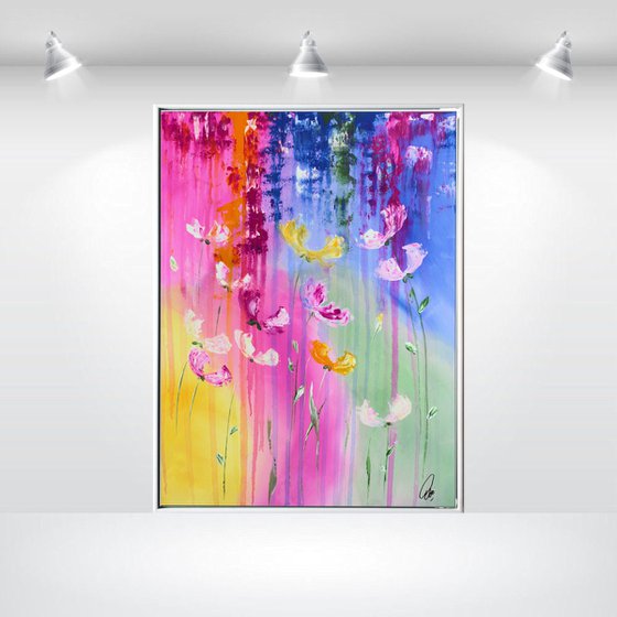 Summer Fun  - abstract flower painting, framed art