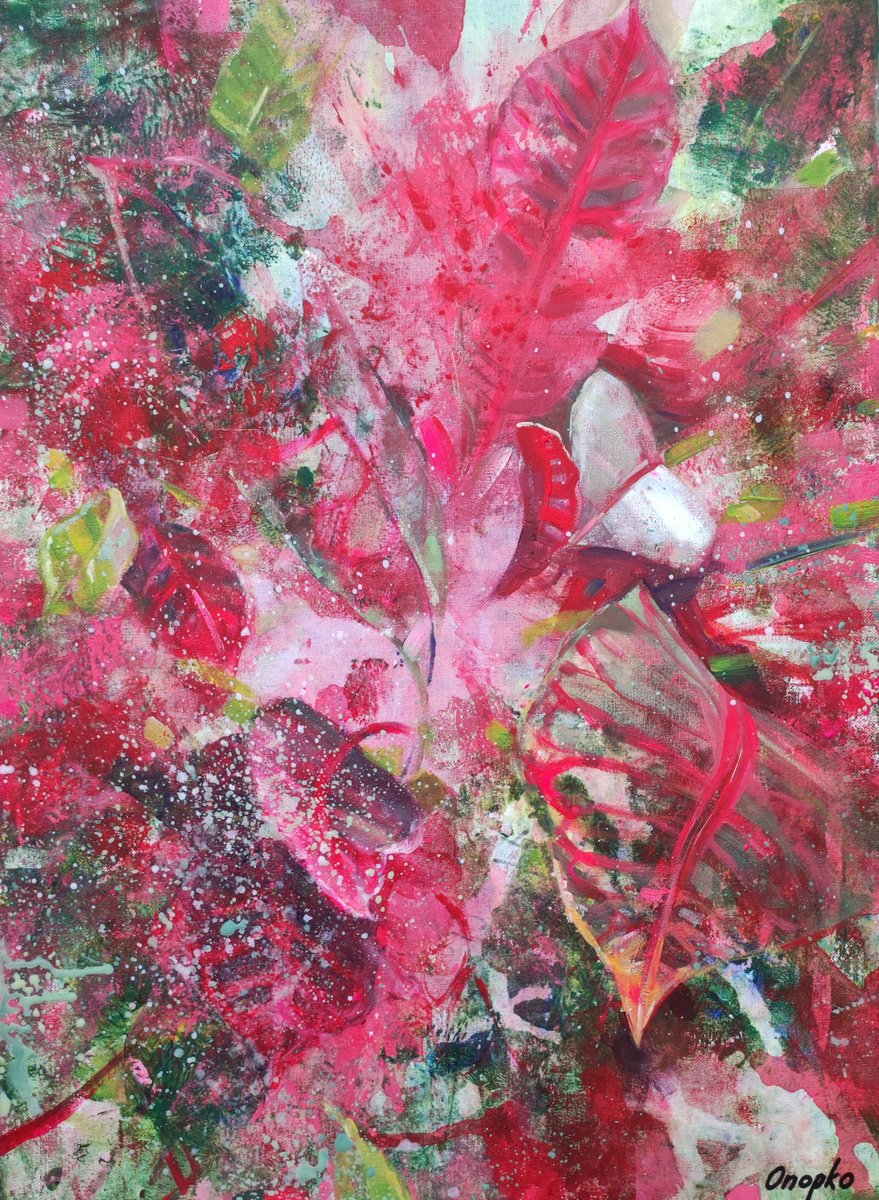 Abstract Botanical Acrylic Painting By Olga Onopko, 20 X 28", Croton Flower, Original Artwork