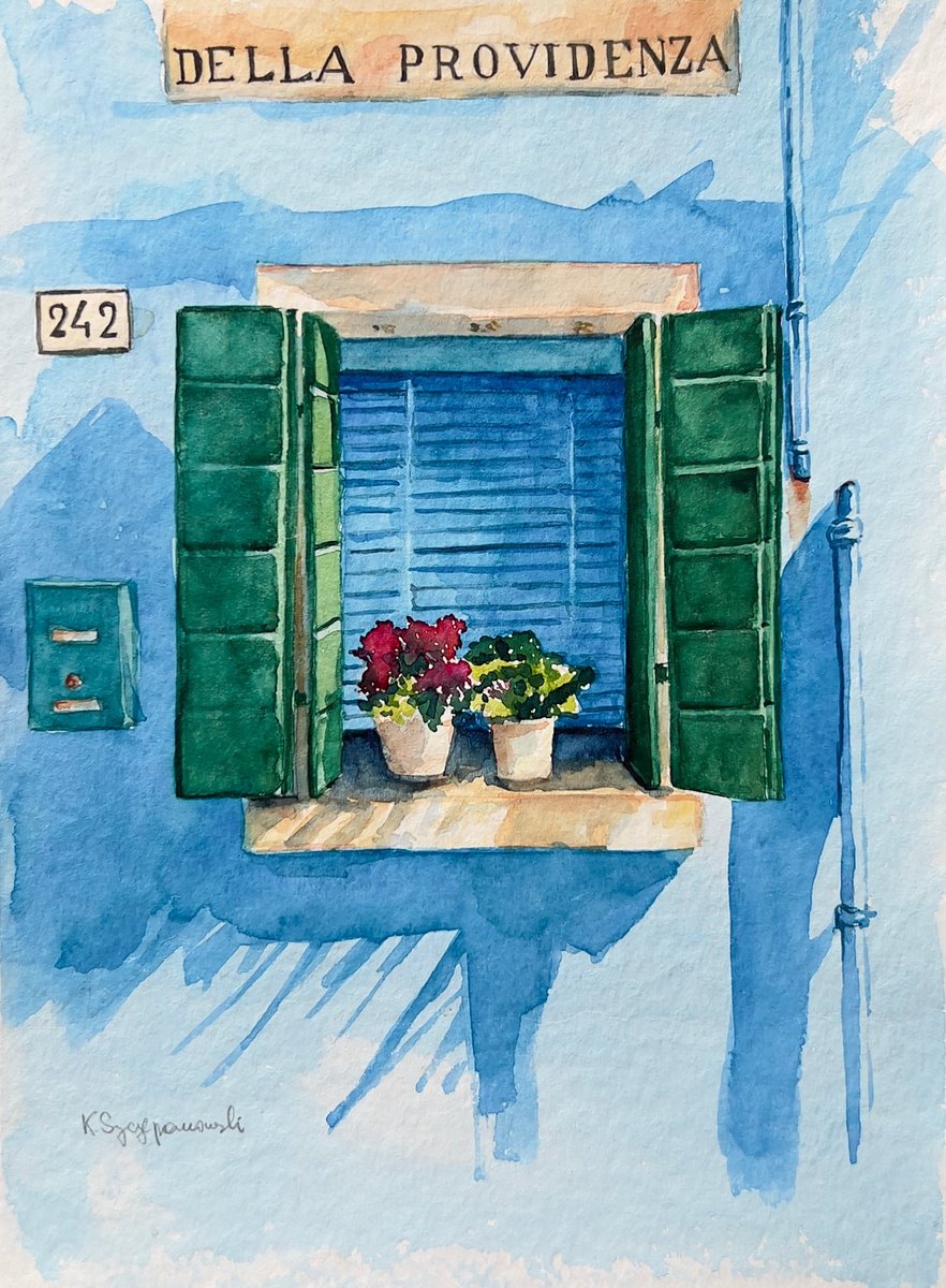 Illustrative Cityscapes Watercolour By Krystyna Szczepanowski, 7 X 10", Burano Blue Window, Original Artwork