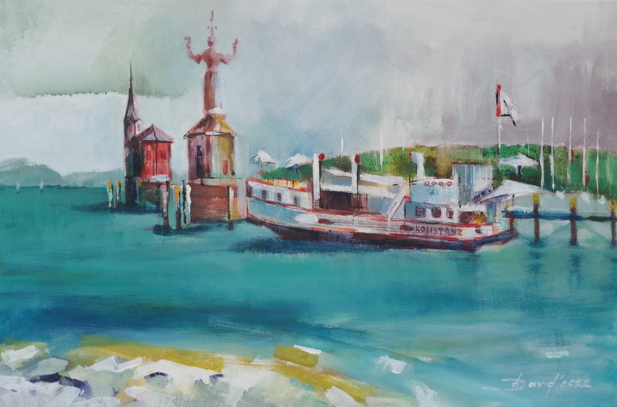 Expressive Landscape Acrylic Painting By Olga David, 24 X 16", Harbor In Constance, Original Artwork