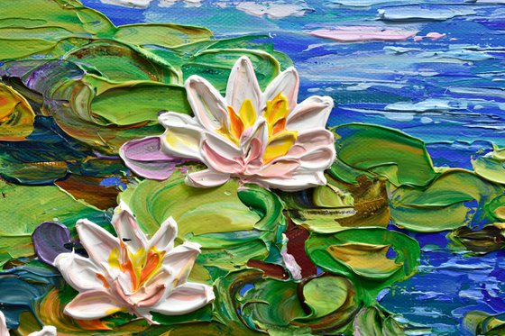 Water Lilies Pond II - Impasto Floral Art, Palette Knife Painting