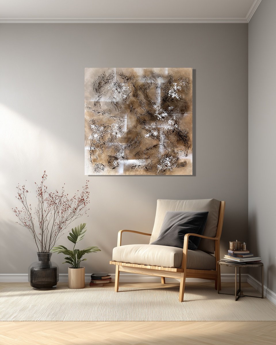 Abstract Acrylic Painting By Tatiana Malinovscaia, 31 X 31", White Flowers Against Time, Original Artwork