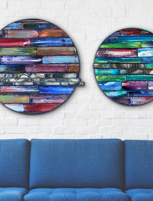 "I Wanna Be Like You" - Original PMS Assemblage Sculptural Painting Diptych On Wood and Marbled Glass Backsplash Tile - 44 x 24 inches by Preston M. Smith (PMS)
