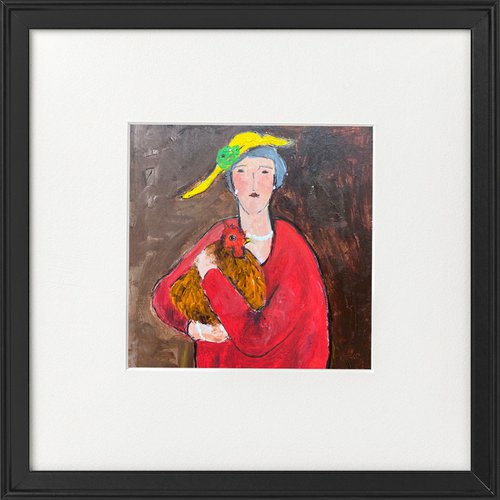 Modigliani Woman red dress chicken framed by Teresa Tanner