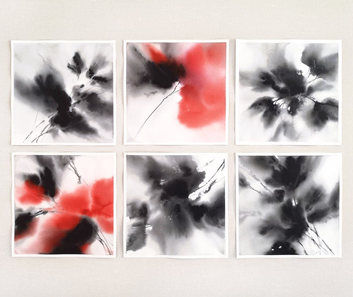 Black ans red abstract flowers Set of 6 by Olya Grigo