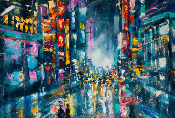 "Street of the night city" people with umbrella , original oil painting