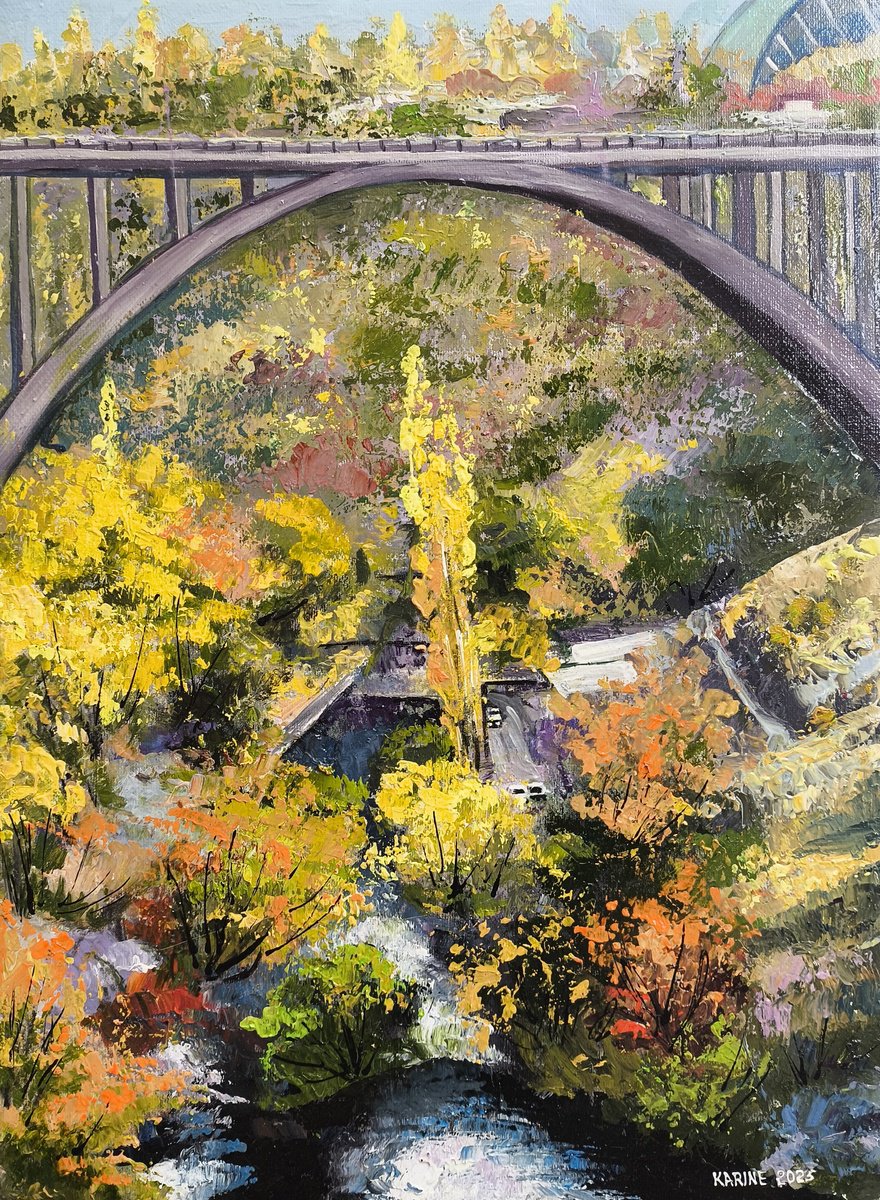 Impressionistic Cityscapes Oil Painting By Karine Harutyunyan, 12 X 16", Autumn At Victory Bridge, Original Artwork