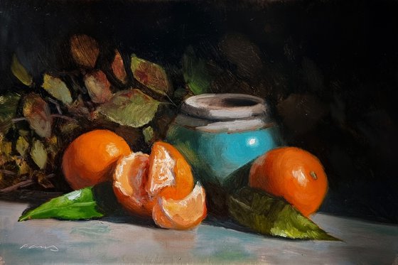 Clementines and a Blue Vase