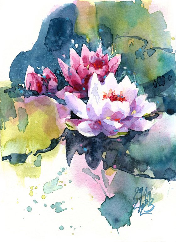 "Lotus flowers on the surface of the lake" - watercolor sketch