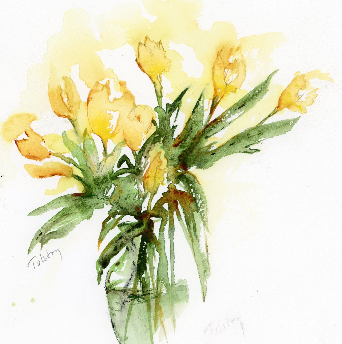 Impressionistic Botanical Watercolour By Alex Tolstoy, 12 X 12, Yellow Tulips, Original Artwork