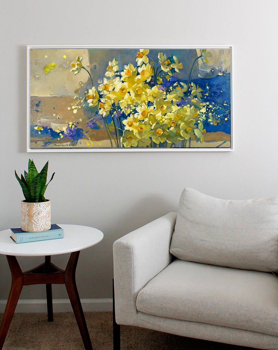 Impressionistic Botanical Oil Painting By Natalia Yampolskaia, 39 X 20", Narcissus, Original Artwork