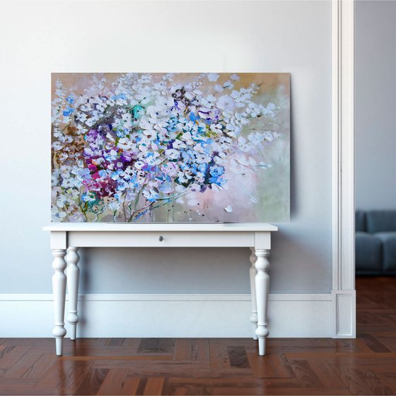 Tender flowers large abstract painting with a rich textured surface